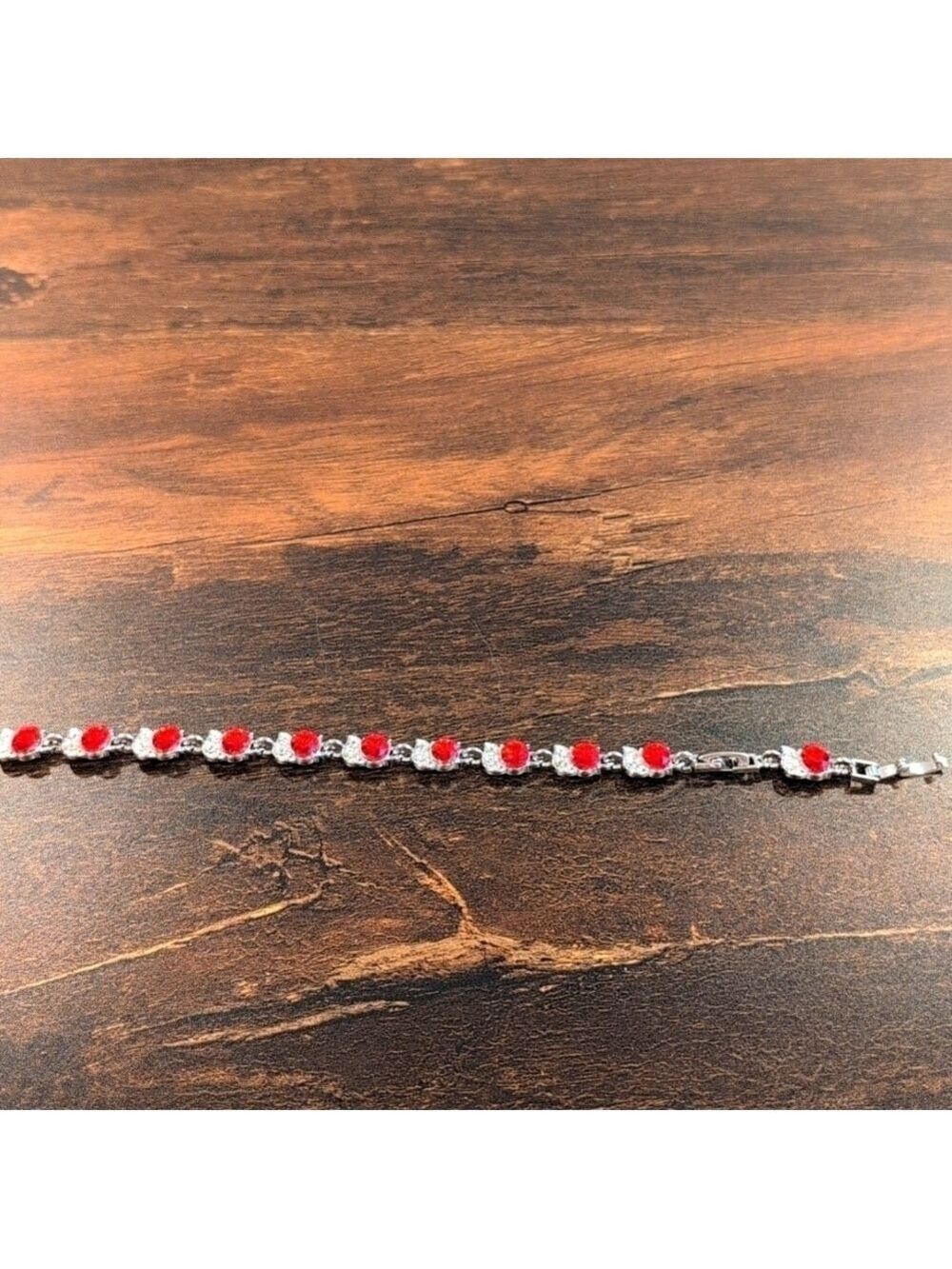 Zircon tennis bracelet,red zircon stones and silver plated extra length 8.25". - Picture 3 of 4